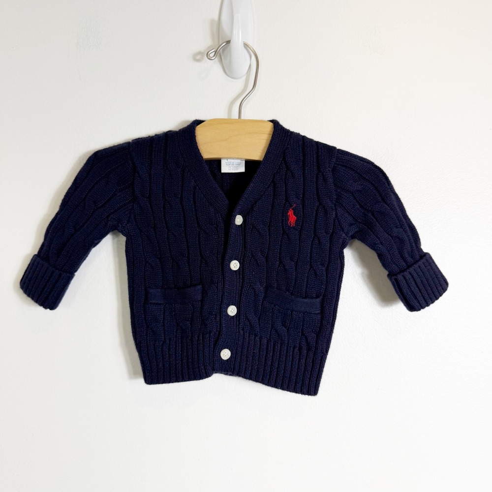 Ralph Lauren Cardigan Boys 3M Navy Blue Cable Knit Pony Logo Sweater